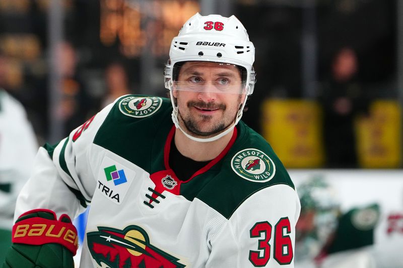 Apr 29, 2025; Las Vegas, Nevada, USA; Minnesota Wild right wing Mats Zuccarello (36) warms up before the start of game five of the first round of the 2025 Stanley Cup Playoffs against the Vegas Golden Knights at T-Mobile Arena. Mandatory Credit: Stephen R. Sylvanie-Imagn Images