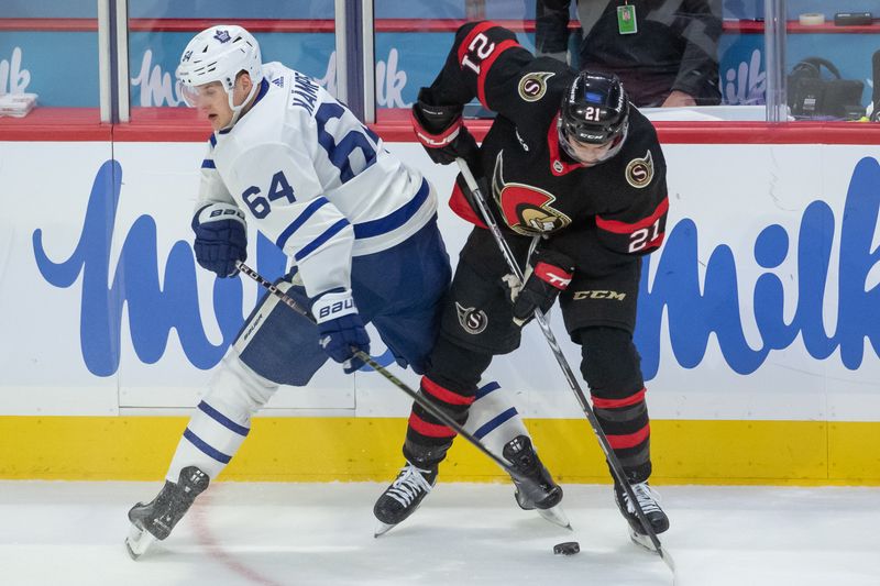 Dec 7, 2023; Ottawa, Ontario, CAN; Toronto Maple Leafs center David Kampf (64) battles with Ottawa Senators right wing Mathieu Joseph (21) for control of the puck in the third period at the Canadian Tire Centre. Mandatory Credit: Marc DesRosiers-USA TODAY Sports