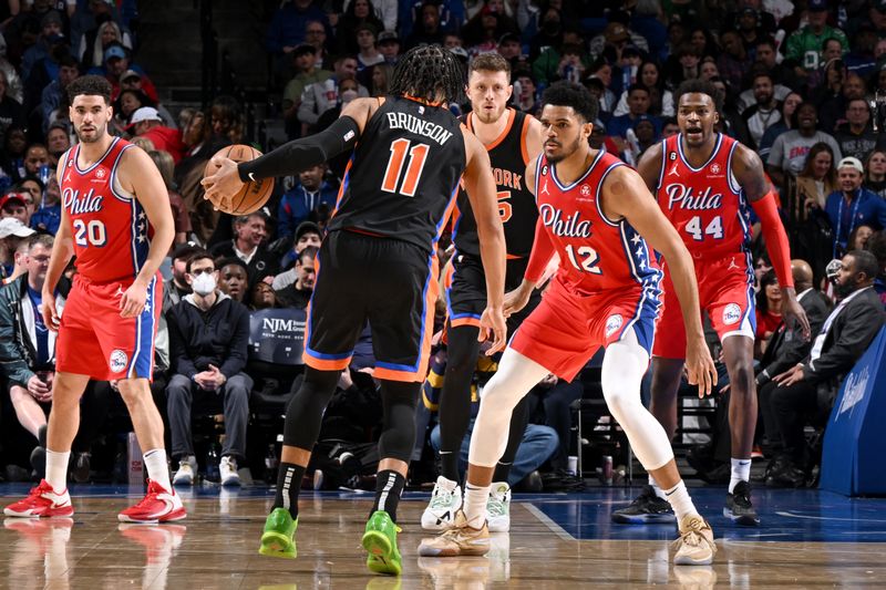 PHILADELPHIA, PA - FEBRUARY 10: Tobias Harris #12 of the Philadelphia 76ers plays defense during the game against the New York Knicks on February 10, 2023 at the Wells Fargo Center in Philadelphia, Pennsylvania NOTE TO USER: User expressly acknowledges and agrees that, by downloading and/or using this Photograph, user is consenting to the terms and conditions of the Getty Images License Agreement. Mandatory Copyright Notice: Copyright 2023 NBAE (Photo by David Dow/NBAE via Getty Images)