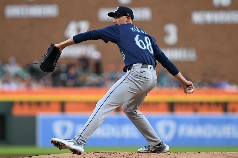 Aug 13, 2024; Detroit, Michigan, USA;  Seattle Mariners starting pitcher George Kirby (68) throws a pitch against the Detroit Tigers in the first inning at Comerica Park. Mandatory Credit: Lon Horwedel-USA TODAY Sports