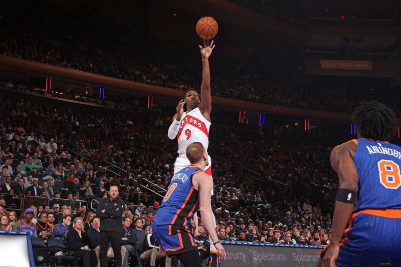 NEW YORK, NY - JANUARY 20: RJ Barrett #9 of the Toronto Raptors shoots the ball during the game against the New York Knicks on January 20, 2024 at Madison Square Garden in New York City, New York.  NOTE TO USER: User expressly acknowledges and agrees that, by downloading and or using this photograph, User is consenting to the terms and conditions of the Getty Images License Agreement. Mandatory Copyright Notice: Copyright 2024 NBAE  (Photo by Nathaniel S. Butler/NBAE via Getty Images)