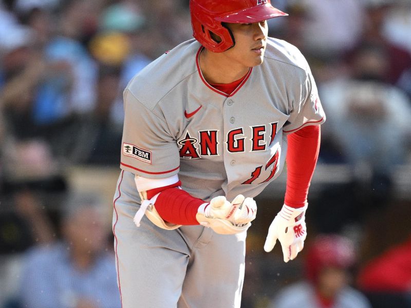 Jul 5, 2023; San Diego, California, USA; Los Angeles Angels designated hitter Shohei Ohtani (17) grounds out during the third inning against the San Diego Padres at Petco Park. Mandatory Credit: Orlando Ramirez-USA TODAY Sports
