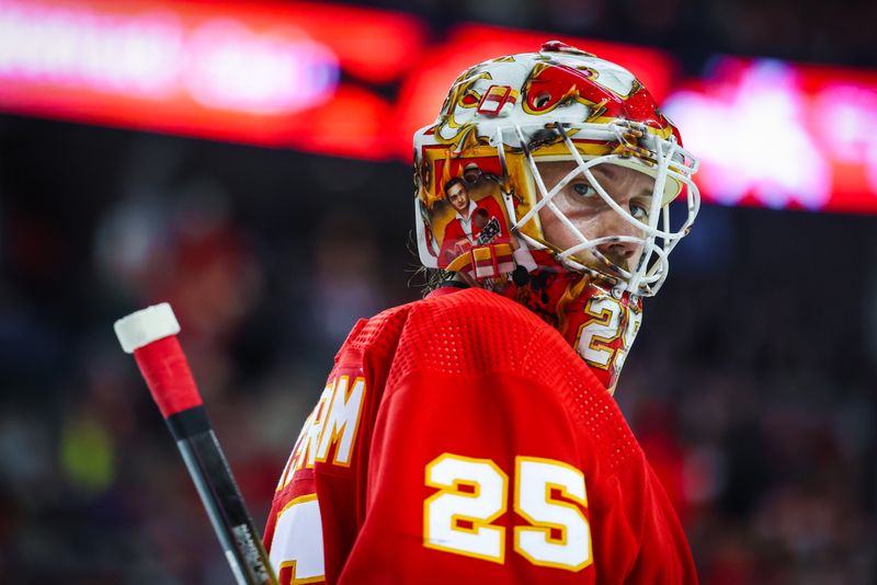 Oct 11, 2023; Calgary, Alberta, CAN; Calgary Flames goaltender Jacob Markstrom (25) during the third period against the Winnipeg Jets at Scotiabank Saddledome. Mandatory Credit: Sergei Belski-USA TODAY Sports