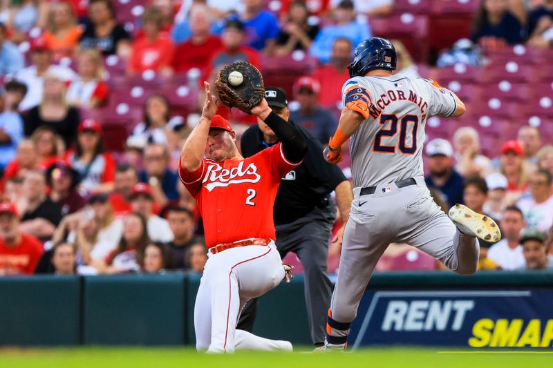 Sep 4, 2024; Cincinnati, Ohio, USA; Cincinnati Reds first baseman Ty France (2) tags Houston Astros outfielder Chas McCormick (20) out at first in the third inning at Great American Ball Park. Mandatory Credit: Katie Stratman-Imagn Images