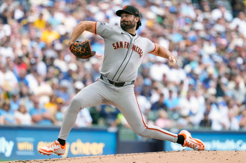 Aug 24, 2025; Milwaukee, Wisconsin, USA;  San Francisco Giants pitcher Robbie Ray (38) throws a pitch during the first inning against the Milwaukee Brewers at American Family Field. Mandatory Credit: Jeff Hanisch-Imagn Images