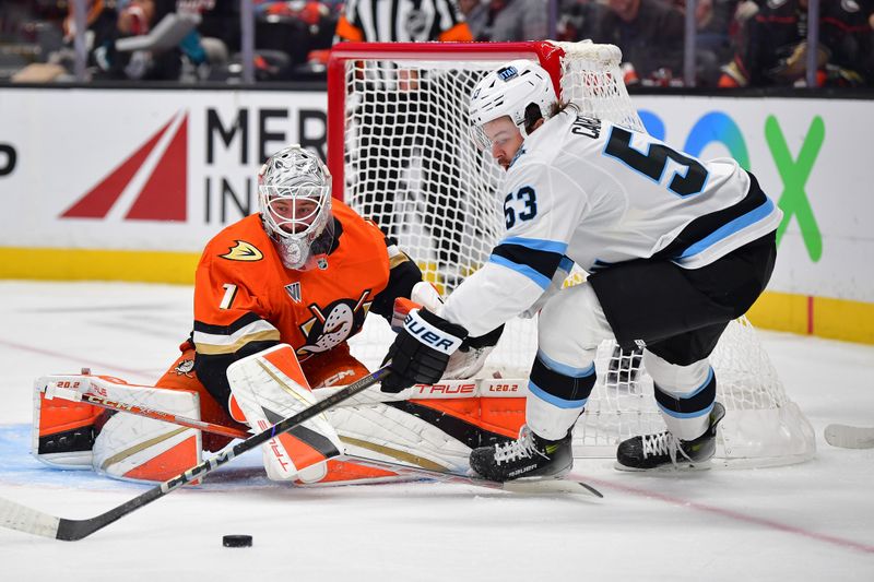 Oct 16, 2024; Anaheim, California, USA; Anaheim Ducks goaltender Lukas Dostal (1) defends the goal against Utah Hockey Club left wing Michael Carcone (53) during the first period at Honda Center. Mandatory Credit: Gary A. Vasquez-Imagn Images