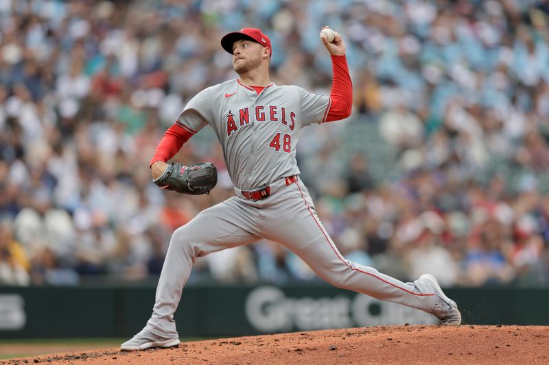 Jun 1, 2024; Seattle, Washington, USA;  Los Angeles Angels starting pitcher Reid Detmers (48) throws against the Seattle Mariners during the second inning at T-Mobile Park. Mandatory Credit: John Froschauer-USA TODAY Sports