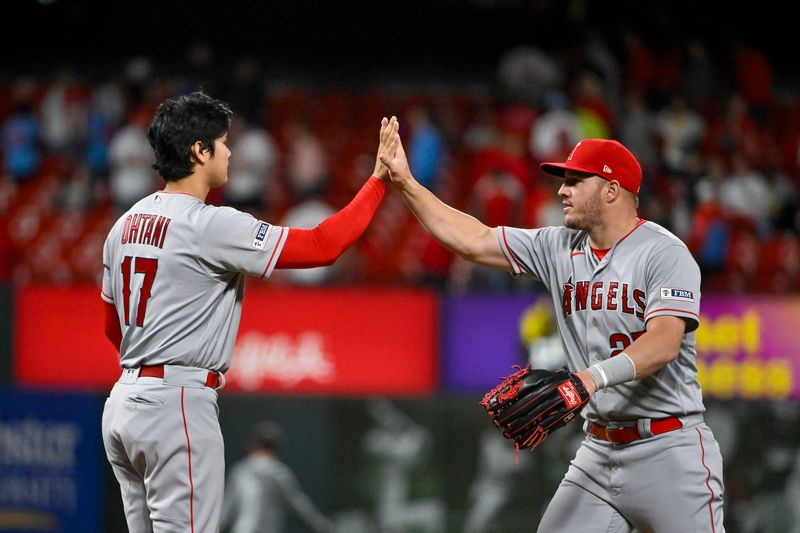 May 3, 2023; St. Louis, Missouri, USA;  Los Angeles Angels starting pitcher Shohei Ohtani (17) and center fielder Mike Trout (27) celebrate after the Angels defeated the St. Louis Cardinals at Busch Stadium. Mandatory Credit: Jeff Curry-USA TODAY Sports