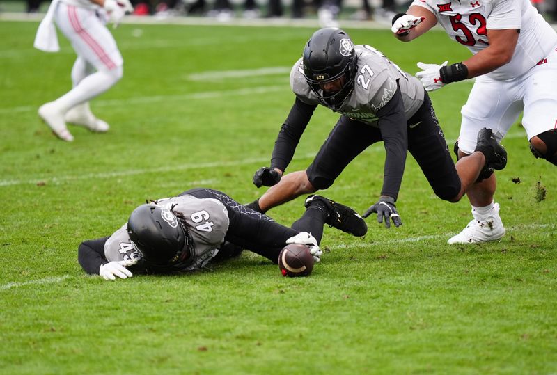 Nov 16, 2024; Boulder, Colorado, USA; Colorado Buffaloes defensive end Keaten Wade (27) and defensive end Quency Wiggins (49) reach for a forced fumble in the fourth quarter against the Utah Utes at Folsom Field. Mandatory Credit: Ron Chenoy-Imagn Images