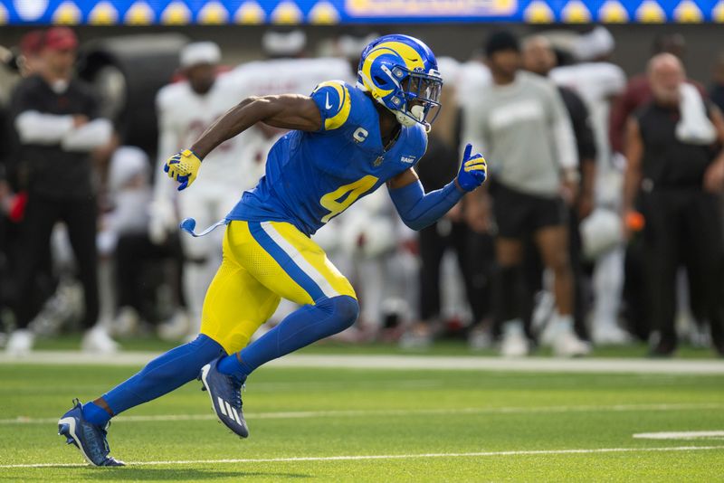 Los Angeles Rams safety Jordan Fuller (4) runs during an NFL football game against the Arizona Cardinals, Sunday, Oct. 15, 2023, in Inglewood, Calif. (AP Photo/Kyusung Gong)