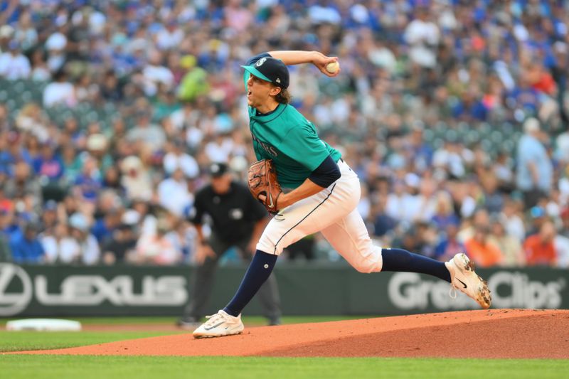 Aug 10, 2024; Seattle, Washington, USA; Seattle Mariners starting pitcher Logan Gilbert (36) pitches to the New York Mets during the first inning at T-Mobile Park. Mandatory Credit: Steven Bisig-USA TODAY Sports