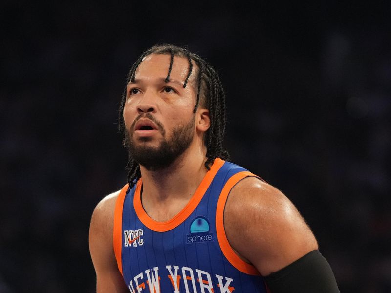 NEW YORK, NY - FEBRUARY 10: Jalen Brunson #11 of the New York Knicks shoots a free throw during the game against the Indiana Pacers on February 10, 2024 at Madison Square Garden in New York City, New York.  NOTE TO USER: User expressly acknowledges and agrees that, by downloading and or using this photograph, User is consenting to the terms and conditions of the Getty Images License Agreement. Mandatory Copyright Notice: Copyright 2024 NBAE  (Photo by Jesse D. Garrabrant/NBAE via Getty Images)