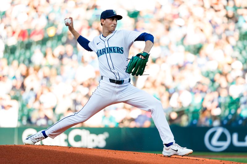 Jul 2, 2024; Seattle, Washington, USA; Seattle Mariners starting pitcher George Kirby (68) throws against the Baltimore Orioles during the first inning at T-Mobile Park. Mandatory Credit: Joe Nicholson-USA TODAY Sports