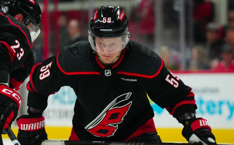 Mar 14, 2024; Raleigh, North Carolina, USA; Carolina Hurricanes left wing Jake Guentzel (59) looks on against the Florida Panthers during the third period at PNC Arena. Mandatory Credit: James Guillory-USA TODAY Sports