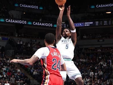 MINNEAPOLIS, MN -  NOVEMBER 8: Anthony Edwards #5 of the Minnesota Timberwolves shoots the ball during the game against the New Orleans Pelicans on November 8, 2023 at Target Center in Minneapolis, Minnesota. NOTE TO USER: User expressly acknowledges and agrees that, by downloading and or using this Photograph, user is consenting to the terms and conditions of the Getty Images License Agreement. Mandatory Copyright Notice: Copyright 2023 NBAE (Photo by David Sherman/NBAE via Getty Images)