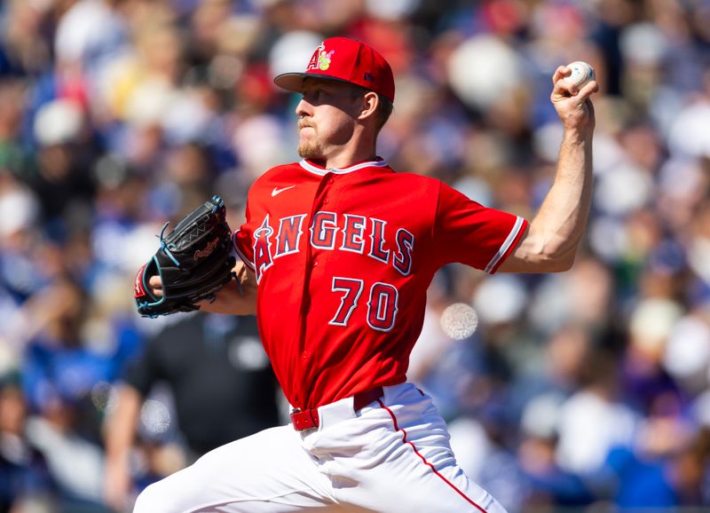 Feb 21, 2026; Tempe, Arizona, USA; Los Angeles Angels pitcher Mitch Farris against the Los Angeles Dodgers during a spring training game at Tempe Diablo Stadium. Mandatory Credit: Mark J. Rebilas-Imagn Images