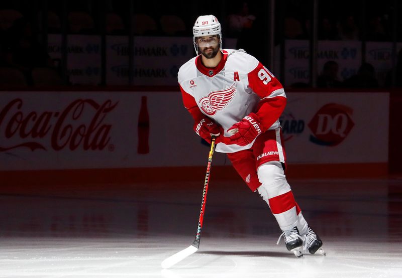 Oct 1, 2024; Pittsburgh, Pennsylvania, USA;  Detroit Red Wings center Joe Veleno (90) takes the ice against the Pittsburgh Penguins during the first period at PPG Paints Arena. Mandatory Credit: Charles LeClaire-Imagn Images