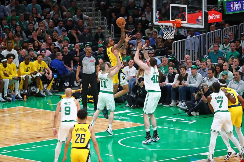 BOSTON, MA - MAY 21: Obi Toppin #1 of the Indiana Pacers drives to the basket during the game against the Boston Celtics during Game 1 of the Eastern Conference Finals of the 2024 NBA Playoffs on May 21, 2024 at the TD Garden in Boston, Massachusetts. NOTE TO USER: User expressly acknowledges and agrees that, by downloading and or using this photograph, User is consenting to the terms and conditions of the Getty Images License Agreement. Mandatory Copyright Notice: Copyright 2024 NBAE  (Photo by David L. Nemec/NBAE via Getty Images)