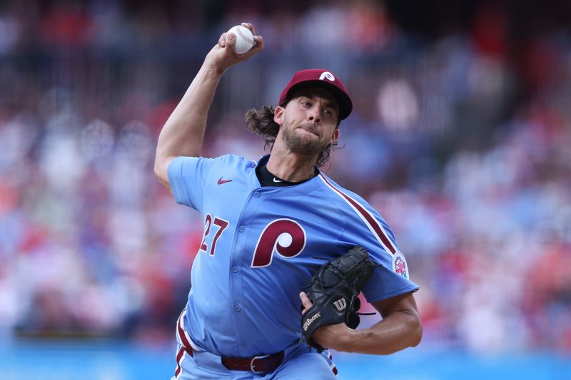 Jul 11, 2024; Philadelphia, Pennsylvania, USA; Philadelphia Phillies pitcher Aaron Nola (27) throws a pitch during the second inning against the Los Angeles Dodgers at Citizens Bank Park. Mandatory Credit: Bill Streicher-USA TODAY Sports