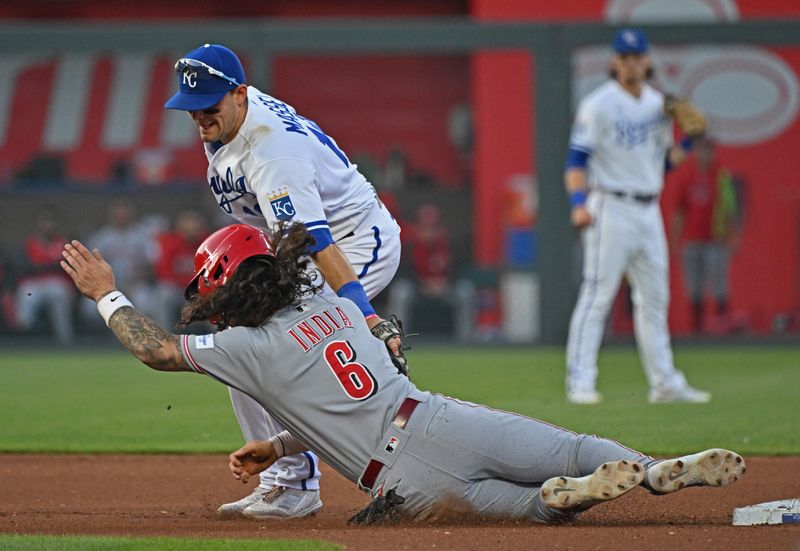 Jun 14, 2023; Kansas City, Missouri, USA;  Kansas City Royals second baseman Michael Massey (19) tags out Cincinnati Reds designated hitter Jonathan India (6) at second base in the fourth inning at Kauffman Stadium. Mandatory Credit: Peter Aiken-USA TODAY Sports