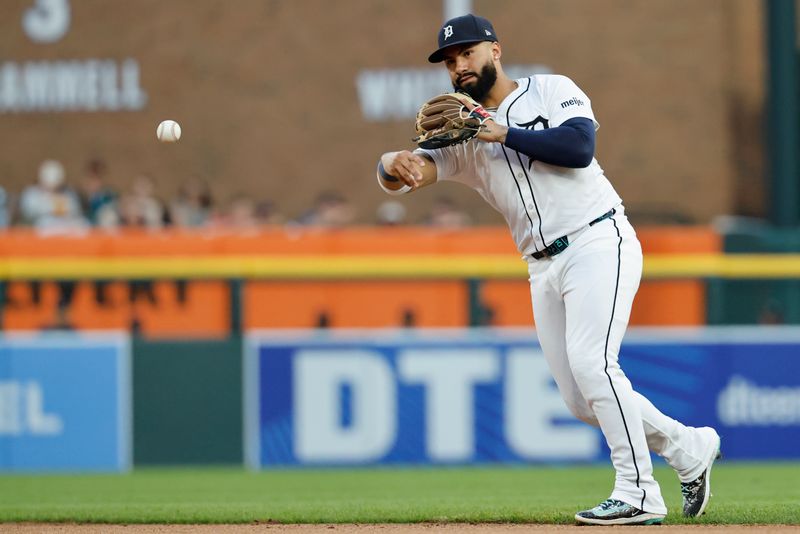 May 14, 2025; Detroit, Michigan, USA;  Detroit Tigers second baseman Gleyber Torres (25) makes a throw for an out in the sixth inning against the Boston Red Sox at Comerica Park. Mandatory Credit: Rick Osentoski-Imagn Images