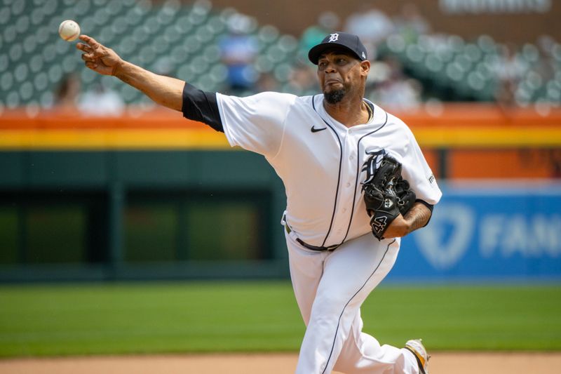 Jul 24, 2023; Detroit, Michigan, USA; Detroit Tigers relief pitcher Jose Cisnero (67) pitches in the sixth inning against the San Francisco Giants at Comerica Park. Mandatory Credit: David Reginek-USA TODAY Sports