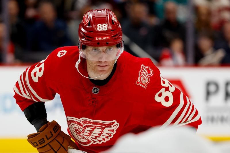 Mar 6, 2026; Detroit, Michigan, USA;  Detroit Red Wings right wing Patrick Kane (88) gets set during a face-off in the second period against the Florida Panthers at Little Caesars Arena. Mandatory Credit: Rick Osentoski-Imagn Images