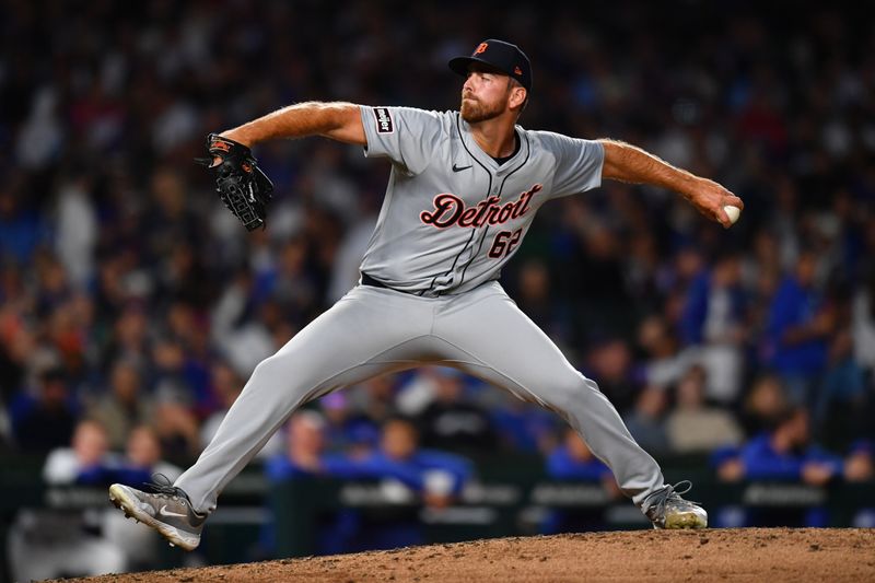 Aug 20, 2024; Chicago, Illinois, USA; Detroit Tigers relief pitcher Bryan Sammons (62) pitches during the third inning against the Chicago Cubs at Wrigley Field. Mandatory Credit: Patrick Gorski-USA TODAY Sports