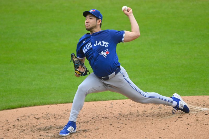 Jun 23, 2024; Cleveland, Ohio, USA; Toronto Blue Jays starting pitcher Yusei Kikuchi (16) delivers a pitch in the second inning against the Cleveland Guardians at Progressive Field. Mandatory Credit: David Richard-USA TODAY Sports