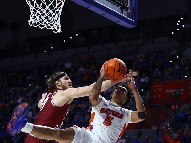 Jan 25, 2023; Gainesville, Florida, USA; Florida Gators guard Will Richard (5) is fouled by South Carolina Gamecocks forward Hayden Brown (10) during the second half at Exactech Arena at the Stephen C. O'Connell Center. Mandatory Credit: Kim Klement-USA TODAY Sports