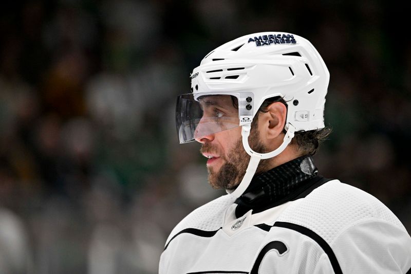 Jan 16, 2024; Dallas, Texas, USA; Los Angeles Kings center Anze Kopitar (11) waits for the face-off against the Dallas Stars during the third period at the American Airlines Center. Mandatory Credit: Jerome Miron-USA TODAY Sports