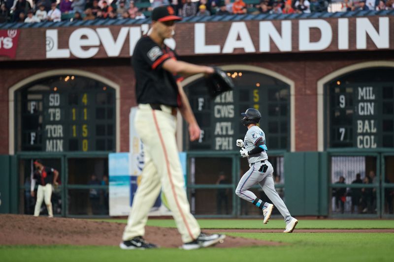 Aug 31, 2024; San Francisco, California, USA; Miami Marlins infielder Connor Norby (24) runs the bases after hitting a one-run home run against San Francisco Giants pitcher Taylor Rogers (33) during the sixth inning at Oracle Park. Mandatory Credit: Robert Edwards-USA TODAY Sports