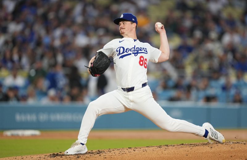 Apr 29, 2025; Los Angeles, California, USA; Los Angeles Dodgers pitcher Jack Dreyer (86) throws during the second inning against the Miami Marlins at Dodger Stadium. Mandatory Credit: Kirby Lee-Imagn Images