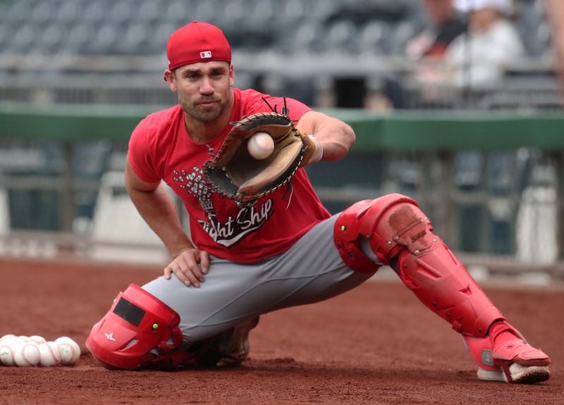 May 20, 2025; Pittsburgh, Pennsylvania, USA; Cincinnati Reds catcher Austin Wynns (38) warms up before the game against the Pittsburgh Pirates at PNC Park. Mandatory Credit: Charles LeClaire-Imagn Images