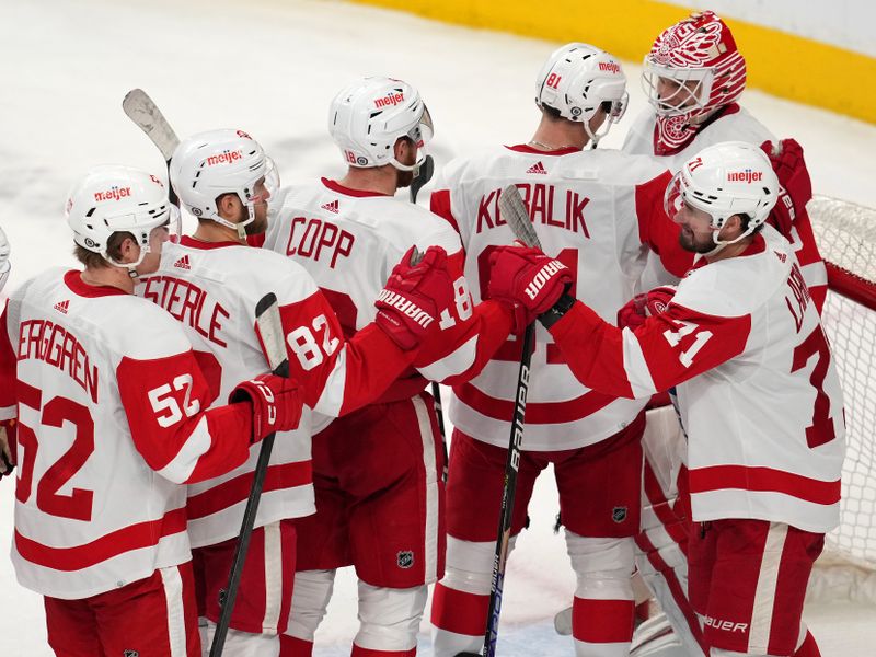 Jan 19, 2023; Las Vegas, Nevada, USA; Detroit Red Wings players celebrate after defeating the Vegas Golden Knights 3-2 at T-Mobile Arena. Mandatory Credit: Stephen R. Sylvanie-USA TODAY Sports