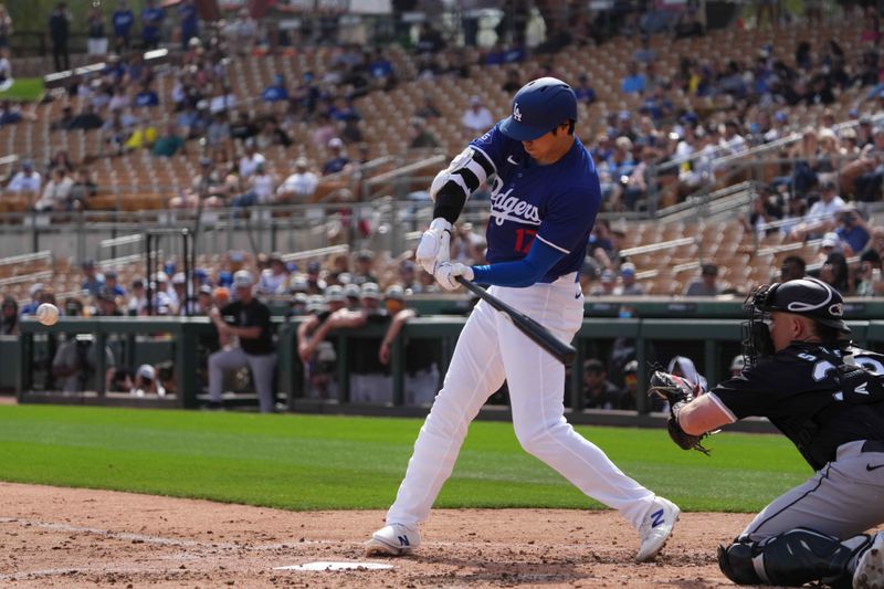 Feb 27, 2024; Phoenix, Arizona, USA; Los Angeles Dodgers designated hitter Shohei Ohtani (17) bats during the third inning against the Chicago White Sox at Camelback Ranch-Glendale. Mandatory Credit: Joe Camporeale-USA TODAY Sports