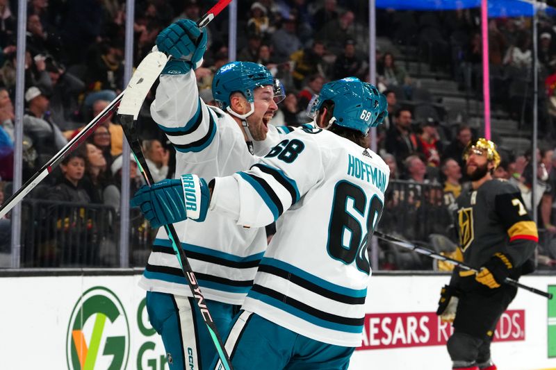 Dec 10, 2023; Las Vegas, Nevada, USA; San Jose Sharks center Mike Hoffman (68) celebrates with San Jose Sharks center Tomas Hertl (48) after scoring a goal against the Vegas Golden Knights during the third period at T-Mobile Arena. Mandatory Credit: Stephen R. Sylvanie-USA TODAY Sports