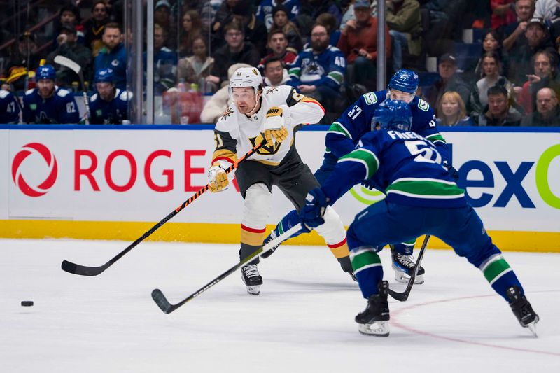 Nov 30, 2023; Vancouver, British Columbia, CAN; Vegas Golden Knights forward Mark Stone (61) makes a pass against the Vancouver Canucks in the first period at Rogers Arena. Mandatory Credit: Bob Frid-USA TODAY Sports