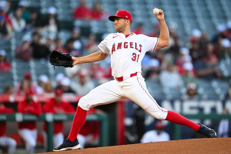 May 11, 2024; Anaheim, California, USA; Los Angeles Angels pitcher Tyler Anderson (31) throws against the Kansas City Royals during the first inning at Angel Stadium. Mandatory Credit: Jonathan Hui-USA TODAY Sports