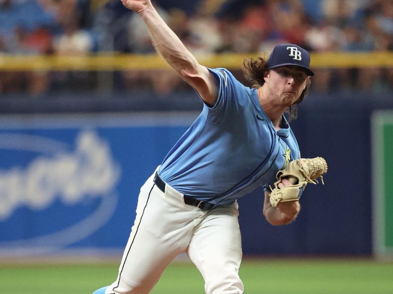 Jul 14, 2024; St. Petersburg, Florida, USA; Tampa Bay Rays pitcher Ryan Pepiot (44) throws a pitch against the Cleveland Guardians during the third inning at Tropicana Field. Mandatory Credit: Kim Klement Neitzel-USA TODAY Sports