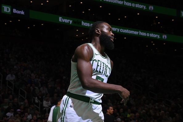 BOSTON, MA - DECEMBER 17: Jaylen Brown #7 of the Boston Celtics looks on during the game against the Orlando Magic on December 17, 2023 at the TD Garden in Boston, Massachusetts. NOTE TO USER: User expressly acknowledges and agrees that, by downloading and or using this photograph, User is consenting to the terms and conditions of the Getty Images License Agreement. Mandatory Copyright Notice: Copyright 2023 NBAE  (Photo by Brian Babineau/NBAE via Getty Images)