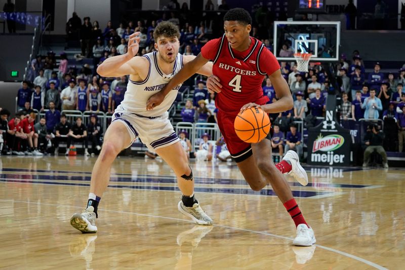 Jan 29, 2025; Evanston, Illinois, USA; Northwestern Wildcats forward Nick Martinelli (2) defends Rutgers Scarlet Knights guard Ace Bailey (4) during the first half at Welsh-Ryan Arena. Mandatory Credit: David Banks-Imagn Images
