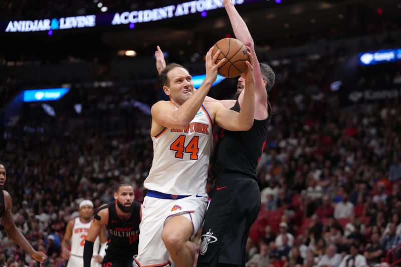 MIAMI, FL - APRIL 2: Bojan Bogdanovic #44 of the New York Knicks shoots the ball during the game against the Miami Heat on April 2, 2024 at Kaseya Center in Miami, Florida. NOTE TO USER: User expressly acknowledges and agrees that, by downloading and or using this Photograph, user is consenting to the terms and conditions of the Getty Images License Agreement. Mandatory Copyright Notice: Copyright 2024 NBAE (Photo by Eric Espada/NBAE via Getty Images)