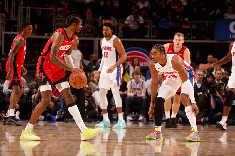 DETROIT, MI - NOVEMBER 10: Jaden Ivey #23 of the Detroit Pistons plays defense during the game against the Houston Rockets on November 10, 2024 at Little Caesars Arena in Detroit, Michigan. NOTE TO USER: User expressly acknowledges and agrees that, by downloading and/or using this photograph, User is consenting to the terms and conditions of the Getty Images License Agreement. Mandatory Copyright Notice: Copyright 2024 NBAE (Photo by Brian Sevald/NBAE via Getty Images)