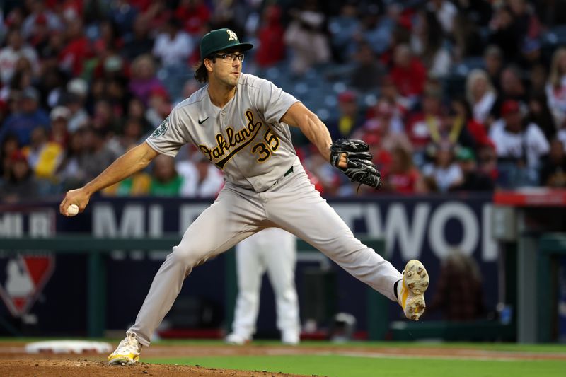 Sep 30, 2023; Anaheim, California, USA; Oakland Athletics starting pitcher Joe Boyle (35) pitches during the first inning against the Los Angeles Angels at Angel Stadium. Mandatory Credit: Kiyoshi Mio-USA TODAY Sports