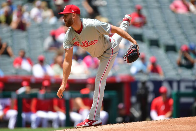 May 1, 2024; Anaheim, California, USA; Philadelphia Phillies pitcher Zack Wheeler (45) throws against the Los Angeles Angels during the first inning at Angel Stadium. Mandatory Credit: Gary A. Vasquez-USA TODAY Sports