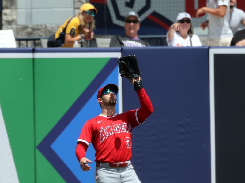 Apr 10, 2025; Tampa, Fl, USA;  Los Angeles Angels outfielder Taylor Ward (3) catches a fly ball against the Tampa Bay Rays during the second inning at George M. Steinbrenner Field. Mandatory Credit: Kim Klement Neitzel-Imagn Images
