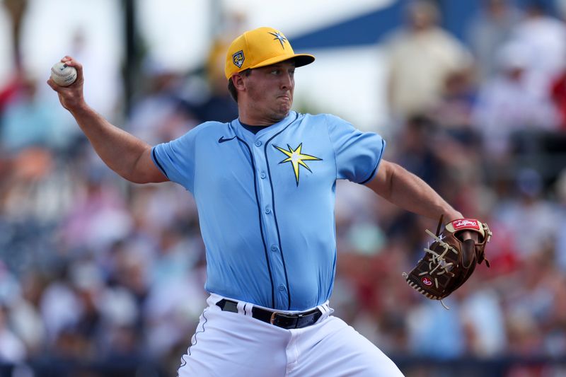 Mar 7, 2024; Port Charlotte, Florida, USA;  Tampa Bay Rays pitcher Logan Workman (92) throws a pitch against the Philadelphia Phillies in the fifth inning at Charlotte Sports Park. Mandatory Credit: Nathan Ray Seebeck-USA TODAY Sports