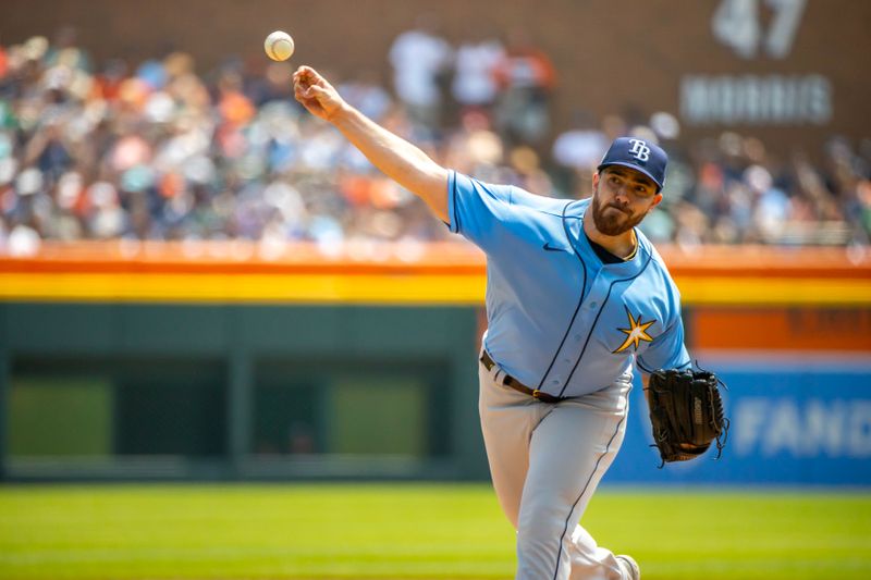 Aug 5, 2023; Detroit, Michigan, USA; Tampa Bay Rays Starting pitcher Aaron Civale (34) delivers in the first inning against the Detroit Tigers at Comerica Park. Mandatory Credit: David Reginek-USA TODAY Sports