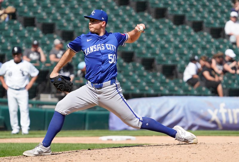 Jul 31, 2024; Chicago, Illinois, USA; Kansas City Royals pitcher Kris Bubic (50) throws  against the Chicago White Sox during the ninth inning at Guaranteed Rate Field. Mandatory Credit: David Banks-USA TODAY Sports